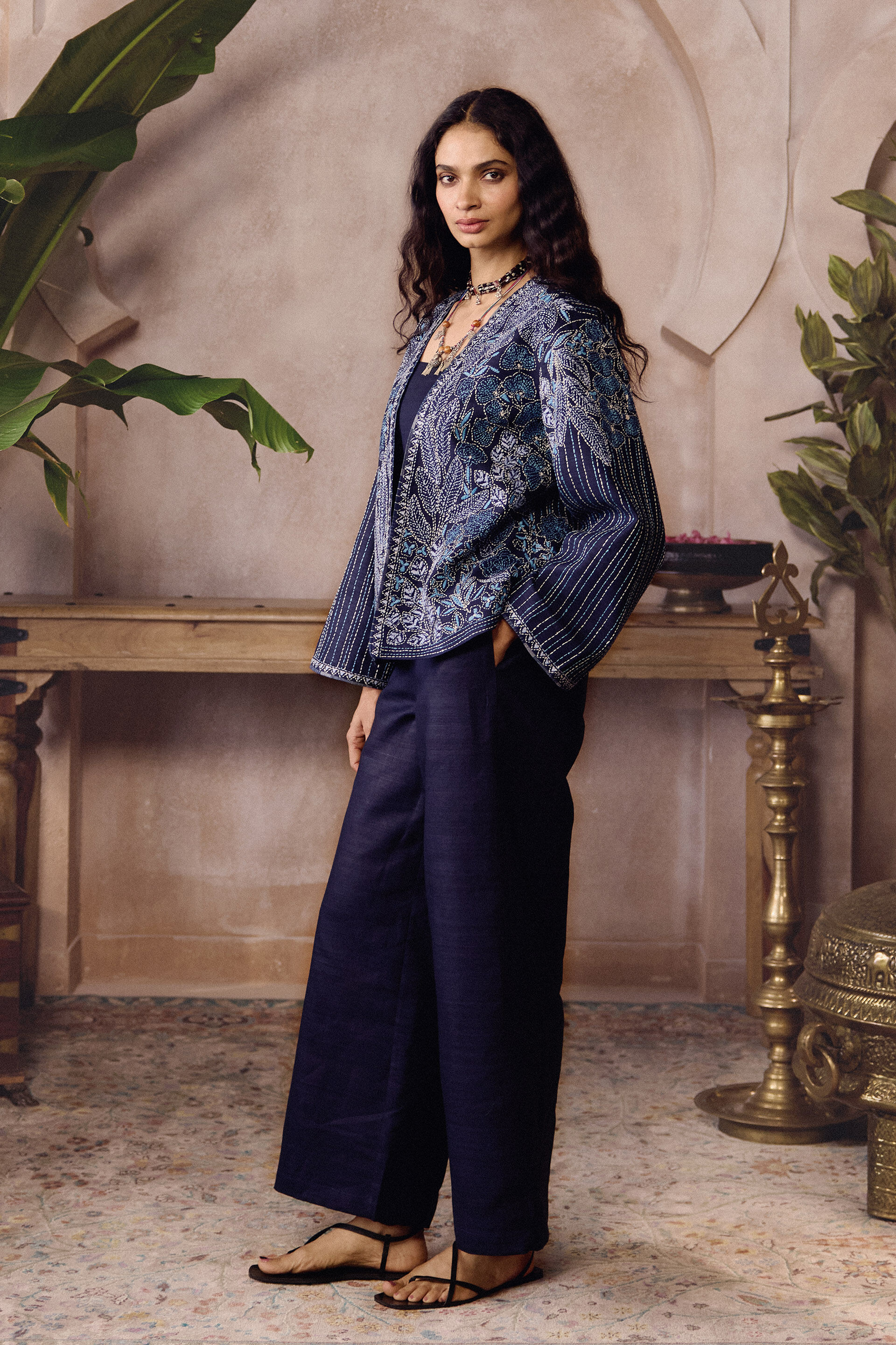 Elwood Hand-embroidered Kantha Silk Jacket Set - Navy, Navy, image 3